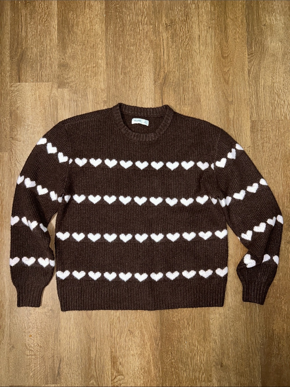 Hollister Chocolate Brown Crewneck Sweater with Pink Heart Rows